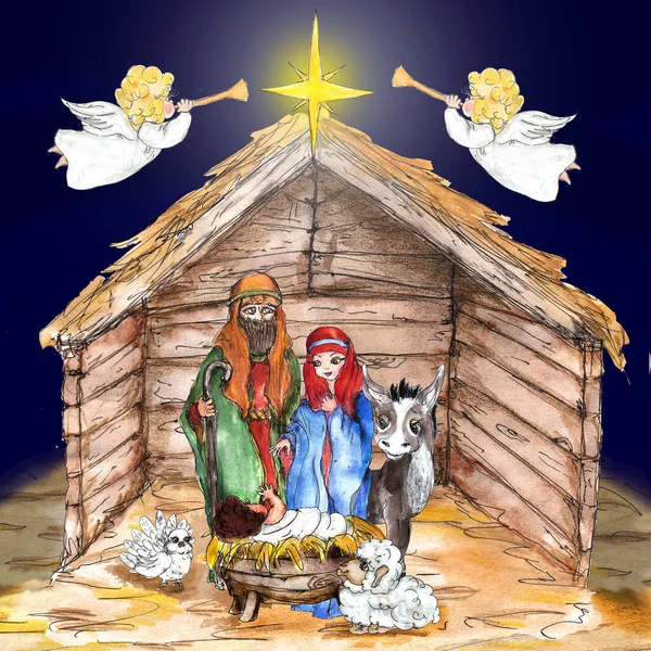 Watercolor Nativity Scene Hand Painted Isolated — Stock Photo, Image