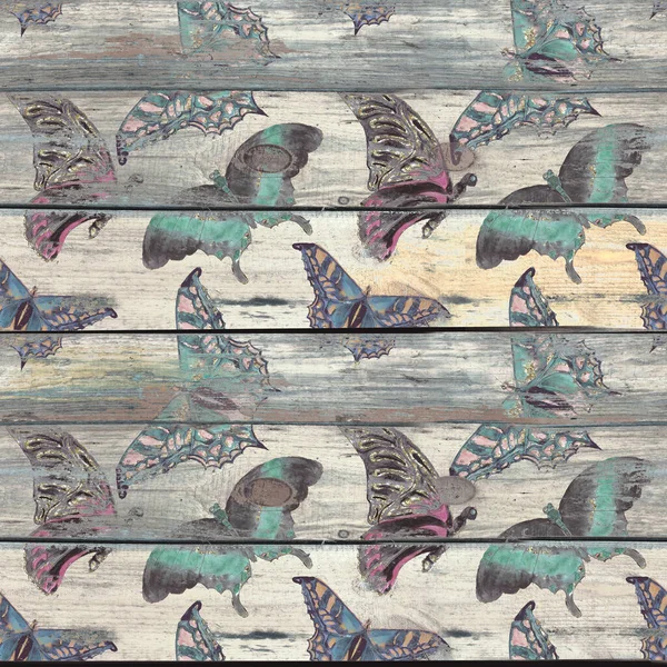 Tropische Schmetterlinge Drucken Dekorative Vintage Stil Nahtlose Muster Auf Holz — Stockfoto