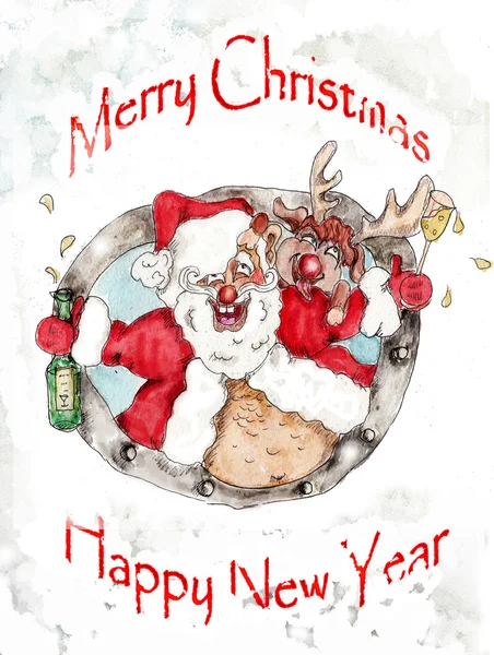 Santa i jelenie Boże Narodzenie vintage powitanie karta — Zdjęcie stockowe