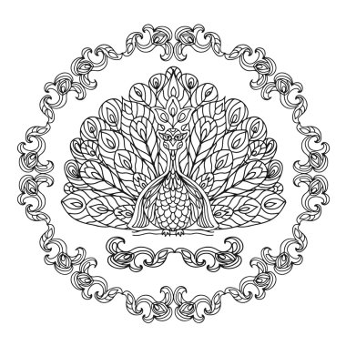 Tavus kuşu zentangle izole sayfa boyama