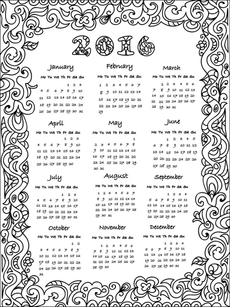 Calendário 2016 página para colorir — Fotografia de Stock