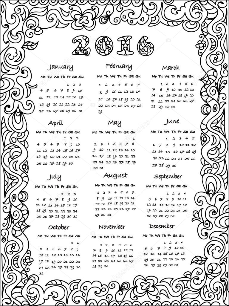 Calendar  2016  coloring page