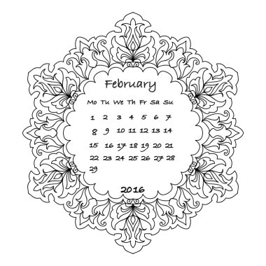 Takvim 2016 Şubat boyama sayfası