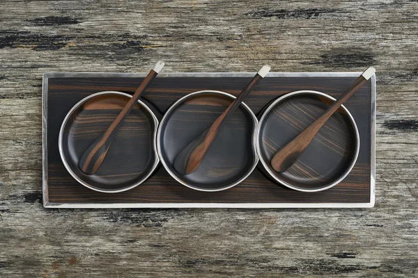 Classic wood tray with blow and spoon on wood plate — Stock Photo, Image