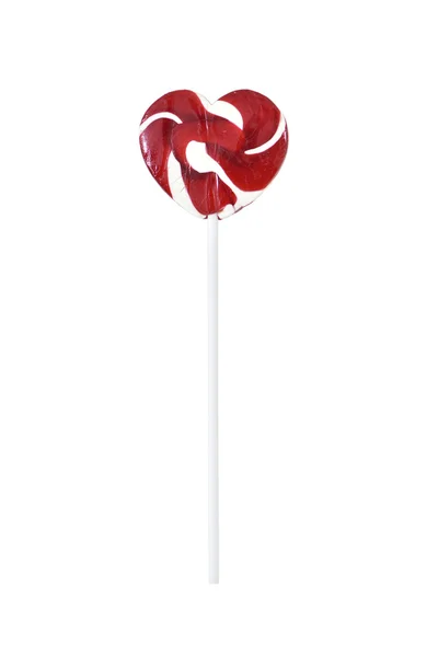Heart shaped candy lollipop with red and white swirls have stick — Stock Photo, Image
