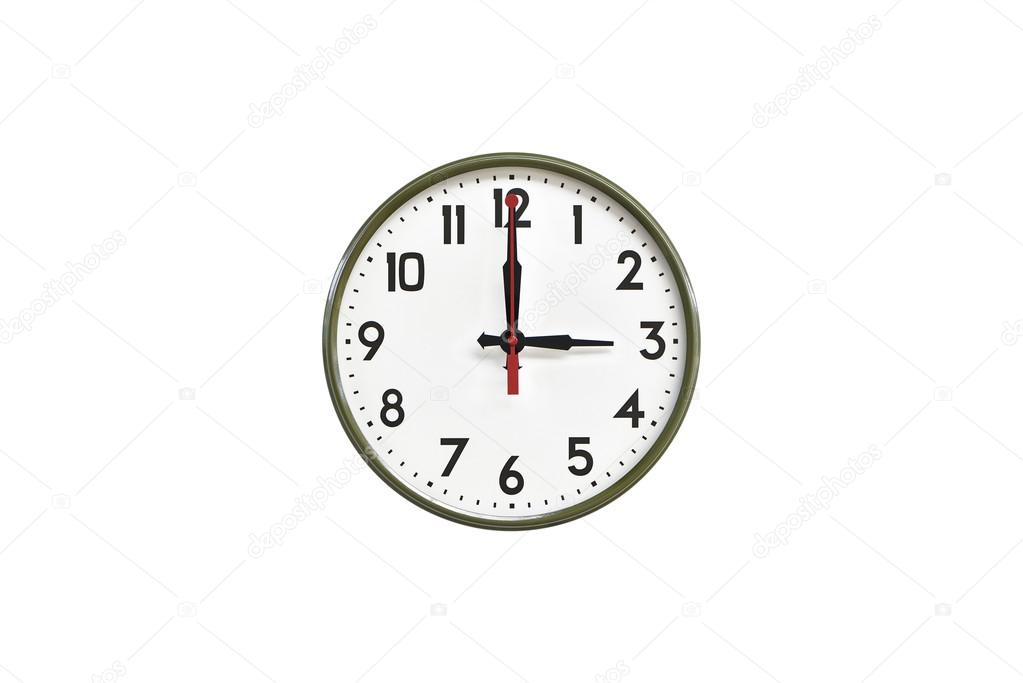 Green wall clock.Three o'clock