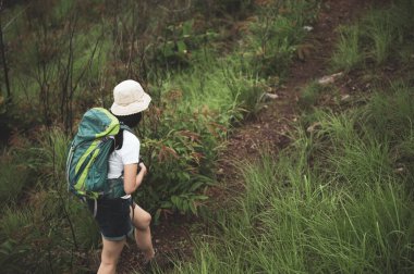 Sırt çantalı kadın yürüyüşçü ve dağ doğasına seyahat eden turistik aktiviteler için macera yürüyüşü yapan, özgürlük için yaz tatili seyahati yapan