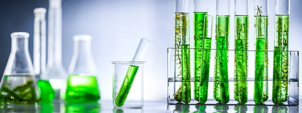 Biyoteknoloji, makro endüstri teknolojisi, çevre için bitki ve planktonla alternatif mikrobiyoloji laboratuvarı, laboratuvarda biyoloji yakıtı, panorama afişi.