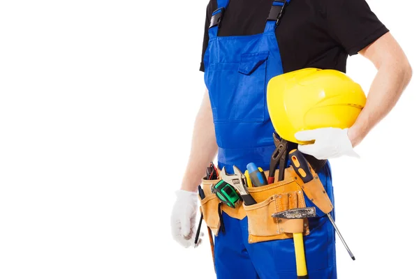 Человек строитель с набором строительных инструментов, изолированные — стоковое фото