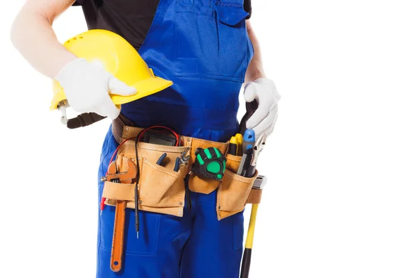 Homem construtor com conjunto de ferramentas de construção, isolado — Fotografia de Stock