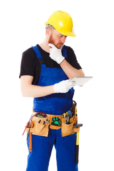 Man bouwer met set van hulpmiddelen van de bouw, geïsoleerd — Stockfoto