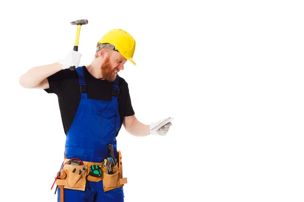 Budowniczy człowiek z zestawu narzędzi budowlanych, na białym tle — Zdjęcie stockowe