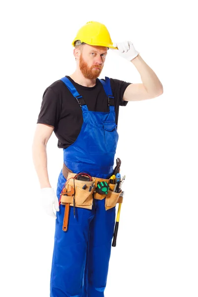 Homem construtor com conjunto de ferramentas de construção, isolado — Fotografia de Stock