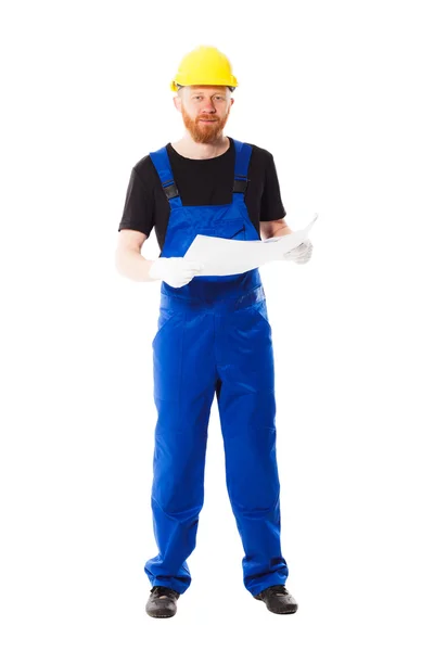 Man builder in the jumpsuit, isolated — Stock Photo, Image