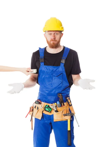 Man builder in the jumpsuit, isolated — Stock Photo, Image