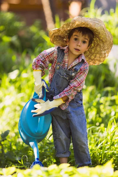 Chłopiec w zielonym ogrodzie — Zdjęcie stockowe