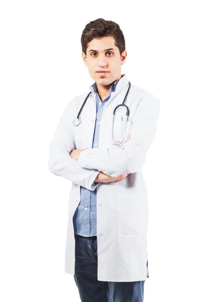 Young doctor arab is standing on the white background — Stock Photo, Image