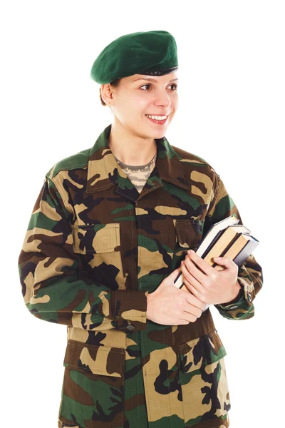 Soldado sorridente menina no uniforme militar — Fotografia de Stock