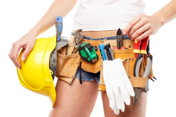 Vrouw bouwer met set van hulpmiddelen van de bouw, geïsoleerd — Stockfoto