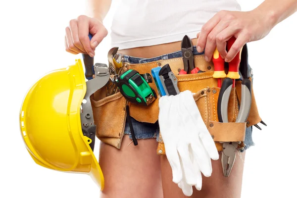 Vrouw bouwer met set van hulpmiddelen van de bouw, geïsoleerd — Stockfoto
