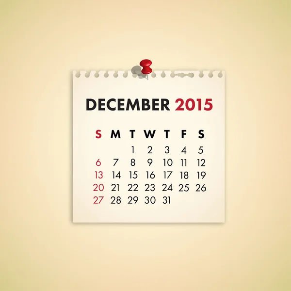 Diciembre 2015 Nota Paper Calendar — Archivo Imágenes Vectoriales