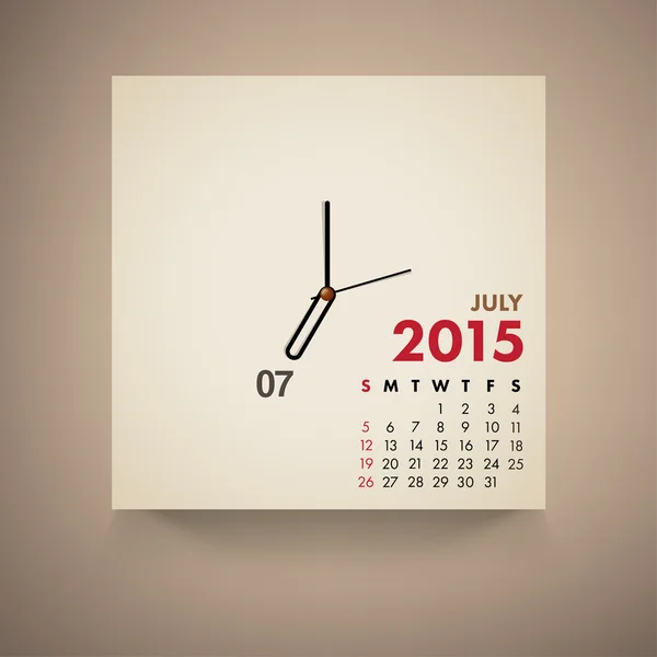 2015 कैलेंडर जुलाई घड़ी डिजाइन — स्टॉक वेक्टर