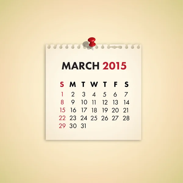 Marzo 2015 Nota Paper Calendar — Vector de stock