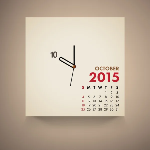 Calendrier 2015 Octobre Horloge Design — Image vectorielle