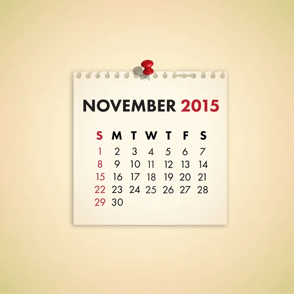 Novembre 2015 Note Calendario carta — Vettoriale Stock