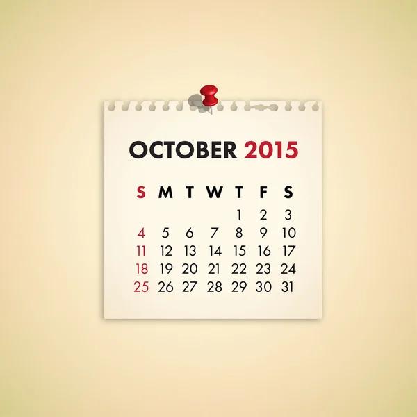 Oktober 2015 Opmerking papier kalender — Stockvector