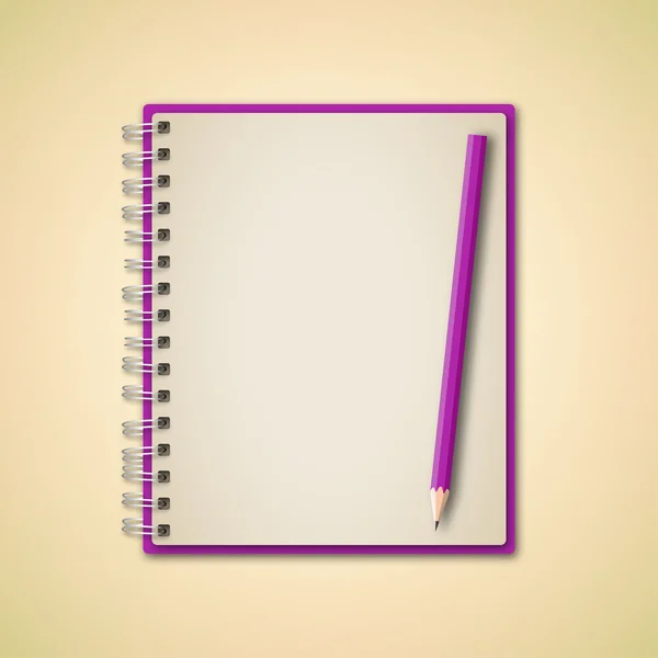 Cuaderno y lápiz realistas violeta — Vector de stock