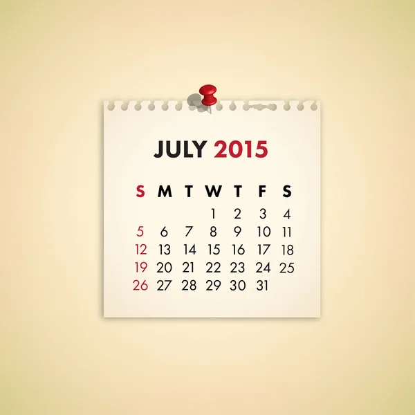 Ιουλίου 2015 Σημείωση χαρτί ημερολόγιο Διανυσματικά Γραφικά