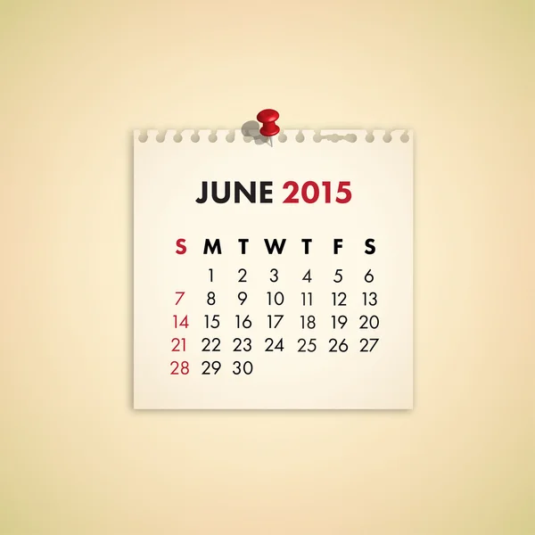 Ιουνίου 2015 Σημείωση χαρτί ημερολόγιο Royalty Free Εικονογραφήσεις Αρχείου