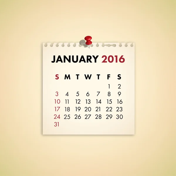 Nota Calendario carta vettoriale 2016 — Vettoriale Stock