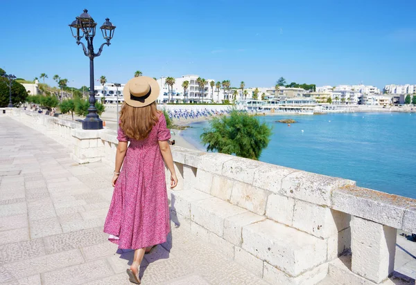 Back View Young Woman Hat Dress Walks Promenade Otranto Apulia — Stock Photo, Image