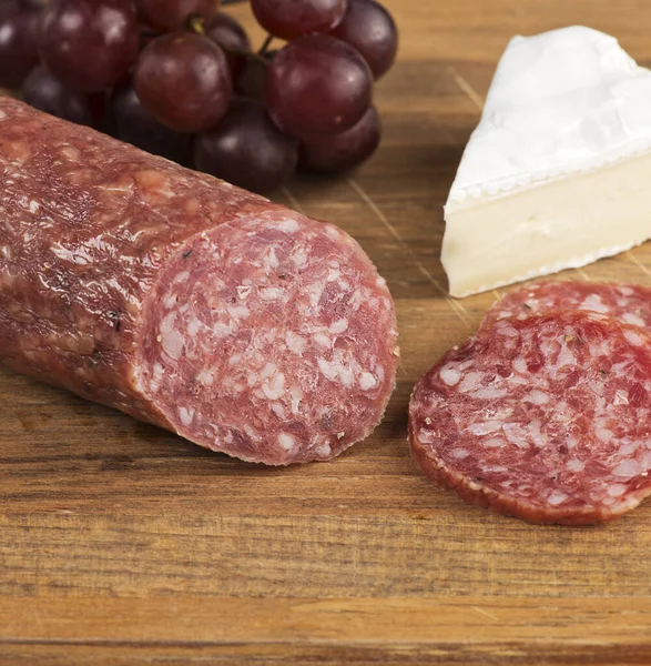 Brie Cheese Salami Wooden Cutting Board — Stock Photo, Image