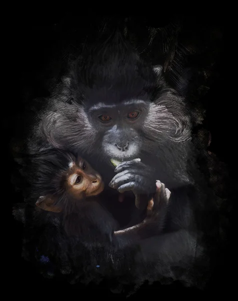 Aqucolor Image Of Mother And Baby Monkey — стоковое фото