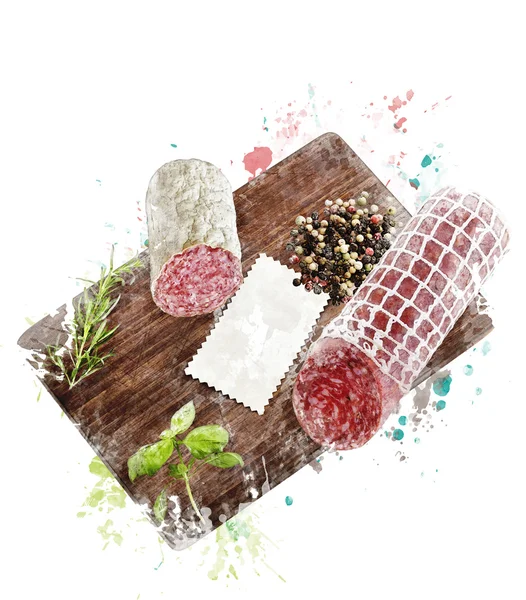 Gambar Warna Air dari Salami Keras, Herbal dan Rempah-rempah — Stok Foto