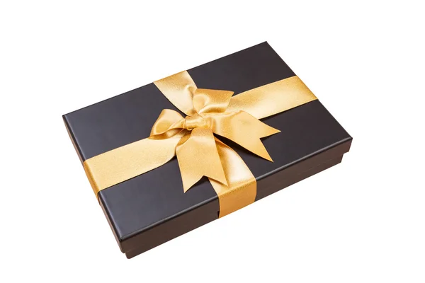 Black gift box with gold ribbon and a bow on white background — Stock Photo, Image