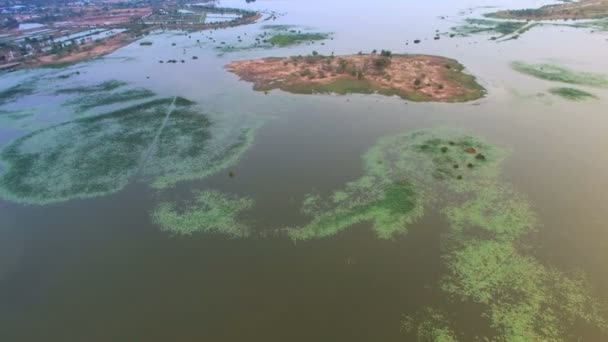 Aerial flyga över ovanifrån av stora sjön eller dammen till abadon island, flytta kameravyn skott, hög kvalitet film Hd — Stockvideo