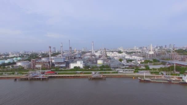 Aerial top view of Oil refinery or factory and container transportation ship on chao phraya river, transportation concept, panning dolly camera shot, High quality footage HD — Stock Video