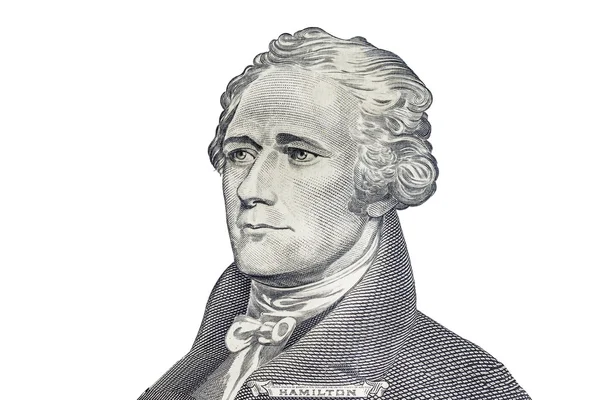 "Alexander Hamilton" face on US ten or 10 dollars bill macro, un — Stock Photo, Image