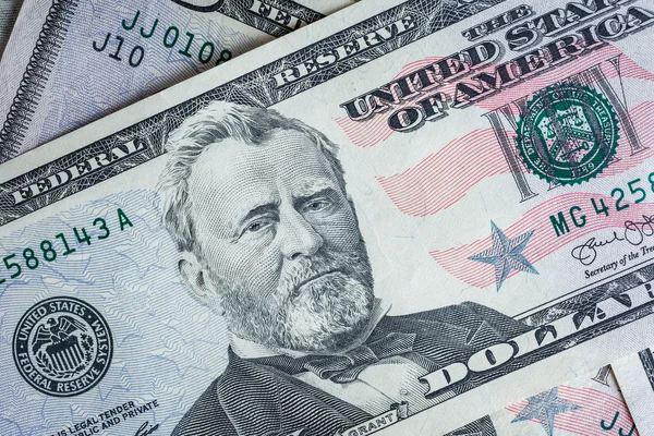 "Ulysses S. Grant "face em US cinquenta ou 50 dólares fatura macro, fundo de notas, dólar americano, conceito financeiro — Fotografia de Stock