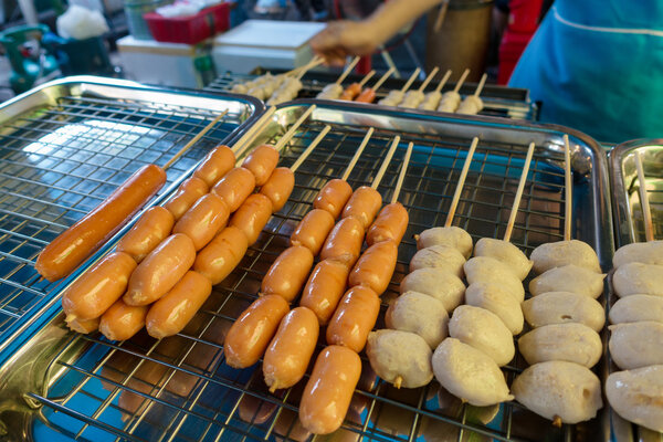Grill sausage and meat ball with stick in thailand market