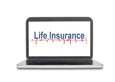 Laptop ekran üzerinde hayat sigortası kelime ile göstermek izole doğum wh