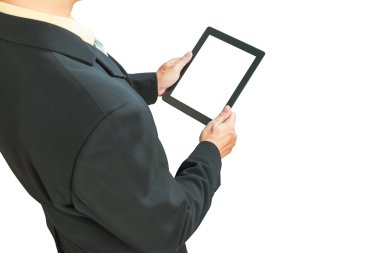 Dijital tablet, boş ekran beyaz backg holding iş adamı