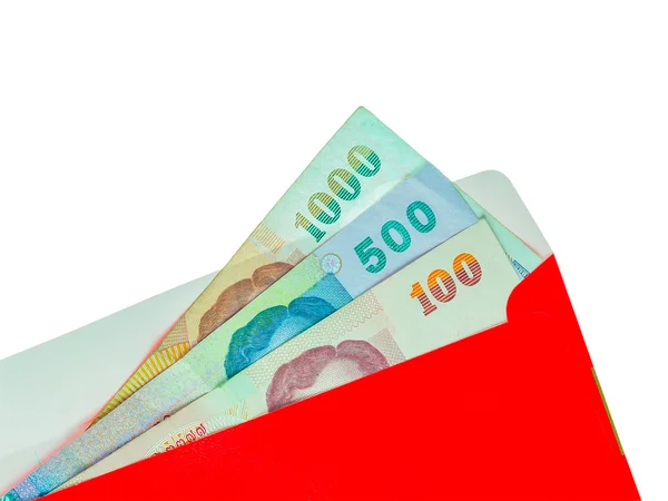 Czerwony pakietów i pieniądze tajski banknotów na białym tle Chiński Nowy rok — Zdjęcie stockowe