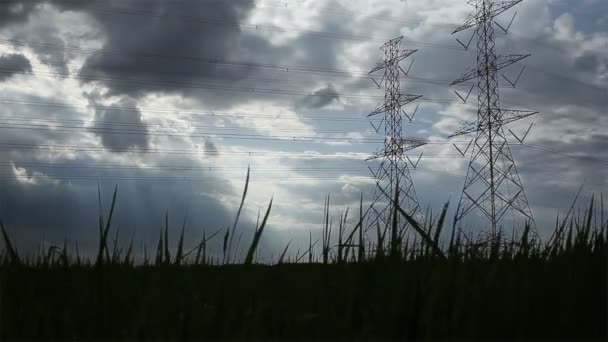 Poste eléctrico, torres de alto voltaje y puesta del sol del cielo en verde arroz archivado dolly shot — Vídeo de stock