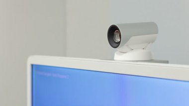 Telekonferans, video konferans veya telepresence kamera closeup iş toplantı odası, Hd için