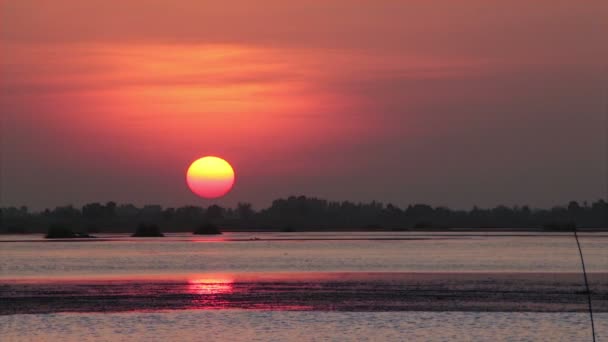 Puesta de sol y reflexión en estanque o lago — Vídeos de Stock